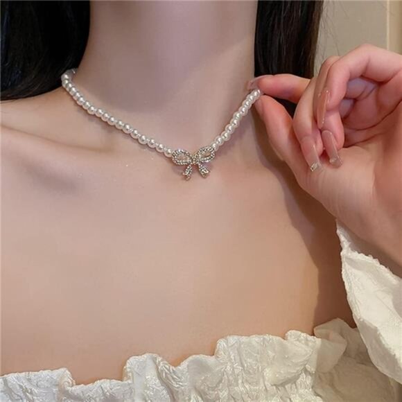 Boho Shiny Pearl Rhinestones Bow Choker Necklaces Dainty Rhinestones Pearls - Picture 10 of 14
